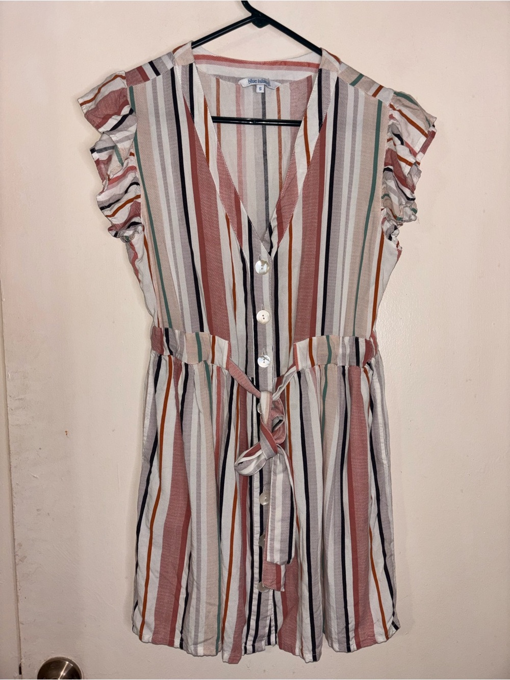 blue island Striped Button-Front Tie-Waist Tunic in Rust, Cream & Green